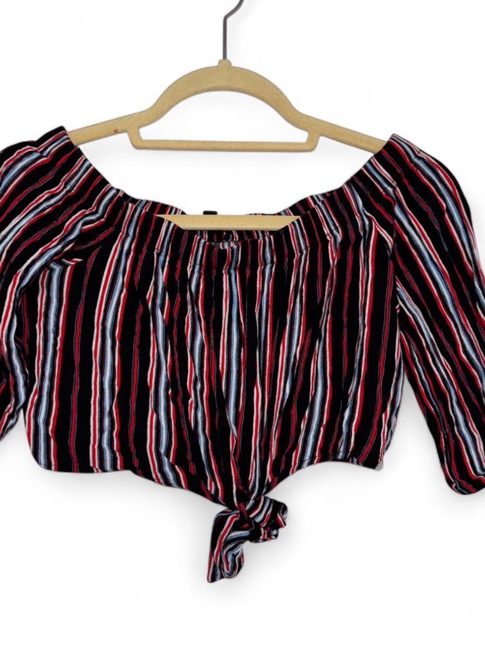 Ambiance Black Red White Striped Off-Shoulder Tie-Front Crop Top